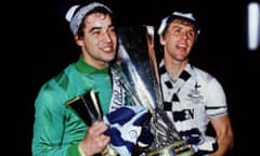 Spurs keeper Tony Parks and captain Graham Roberts show off the Uefa Cup.