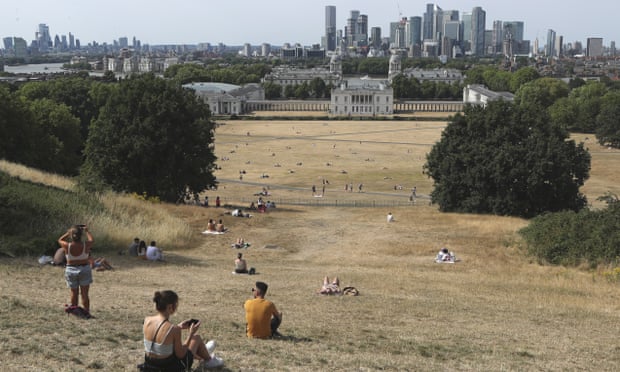 The City of London viewed from parched Greenwich Park, July 2022.