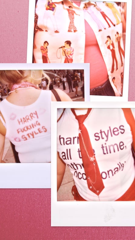 A collage of three Polaroid-style photos on a pink glitter background featuring fans at a Harry Styles concert. One image shows a shirt printed with repeated illustrations of Harry Styles in different stage outfits. Another shows the back of a white vest with the handwritten message “HARRY FUCKING STYLES”. The third shows the front of a white top reading “harry styles all the time, not occasionally”, paired with a red tie decorated with silver star-shaped embellishments.