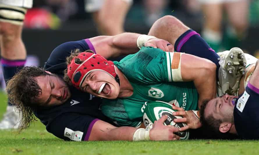 Ireland’s Josh van der Flier, scoring against Scotland in March, has become a mainstay for both club and country.