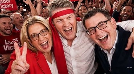A screenshot from Advance’s AI-generated campaign video, which fabricates a Labor celebration on election night showing Ben Carroll appearing with Jacinta Allan and Daniel Andrews