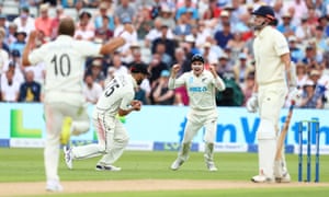 Zac Crawley is caught at slip by Daryl Mitchell off the bowling of Neil Wagner.