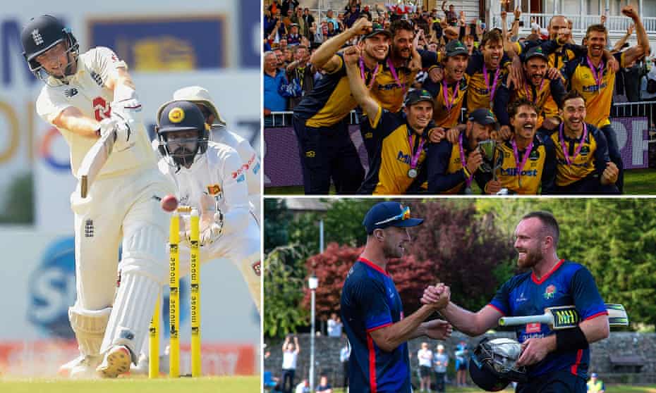 Joe Root in action against Sri Lanka'; Glamorgan celebrate winning the One-Day Cup; and Lancashire v Sussex at Sedbergh School.