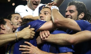 Italy’s Alessandro Del Piero is mobbed by his teammates as they celebrate their second goal of the 2006 World Cup semi-final against Germany.