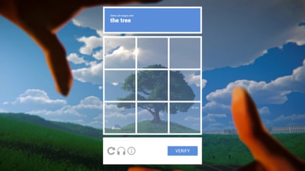 A puzzle based on a CAPTCHA, centred on a tree. Two hands are on opposite corners, as if manipulating the grid.