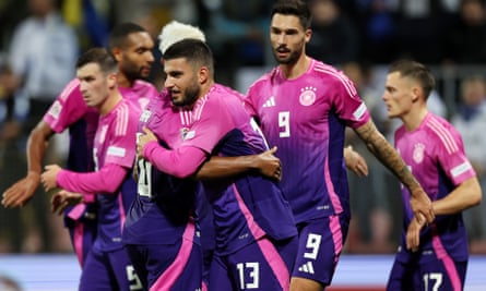 Deniz Undav is congratulated by teammates after scoring his and Germany’s second goal against Bosnia and Herzegovina.