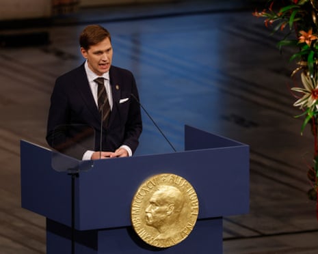 The Chair of the Norwegian Nobel Committee Jørgen Watne Frydnes speaks at the Nobel Peace Prize ceremony at Oslo City Hall.