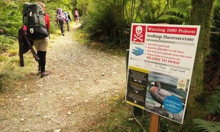 A sign warning of the use of poison along the Milford Track in New Zealand.