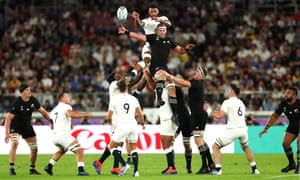 Courtney Lawes of England wins a lineout over Kieran Read of New Zealand.