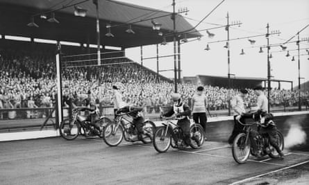 Cyril Roger, Aub Lawson, Tommy Price, and Graham Warren pull away from the line at the start of a Heat 3 of the England v Australia Test meeting at New Cross in July 1949. England won 62-46.
