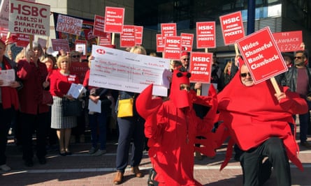 Former HSBC employees protesting about the pension cuts outside the bank’s annual shareholder meeting in Birmingham last year.