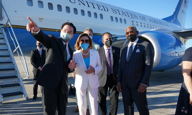 Nancy Pelosi and her five-member Congress delegation on the runway prior to departing Taipei Songshan airport on Wednesday.
