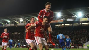 Matty Cash and goalscorer Ben Brereton cannot hide their excitement as the latter’s penalty puts Nottingham Forest 3-1 ahead against Arsenal