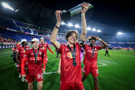 Adri Mehmeti #77 of New York Red Bulls II leads his team and carries the MLS NEXT Pro Cup Championship Trophy after defeating the Colorado Rapids 2 at Sports Illustrated Stadium on November 8, 2025 in New York City.