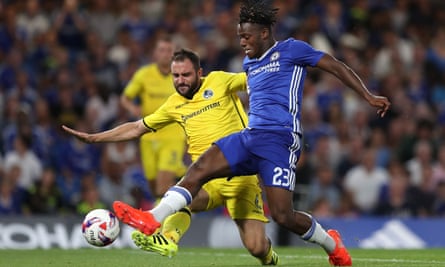 Bristol's Peter Hartley and Chelsea's Michy Batshuayi battle for possession during an August League Cup tie.