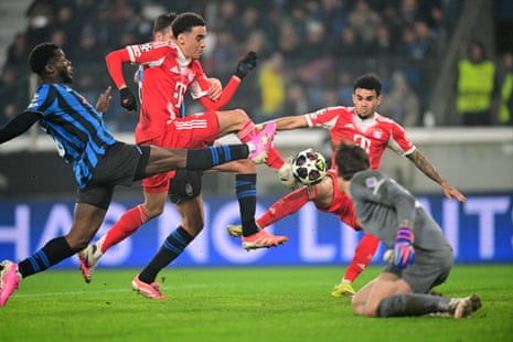 Bayern Munich's Jamal Musiala scores their sixth goal.