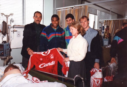 Sean Luckett being visited in hospital by the Liverpool players Bruce Grobbelaar, John Barnes, John Aldridge and Steve McMahon.