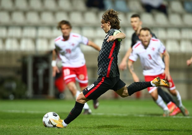 Croatia’s Luka Modric scores their second goal from the penalty spot.
