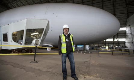Bruce Dickinson in front of the Airlander 10