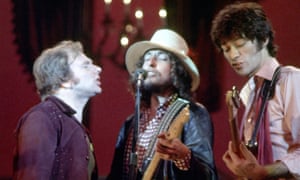 Van Morrison, Bob Dylan and Robbie Robertson on stage for the Band's 'The Last Waltz' concert.