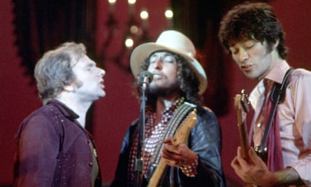 Van Morrison, Bob Dylan and Robbie Robertson on stage for the Band’s ‘The Last Waltz’ concert.