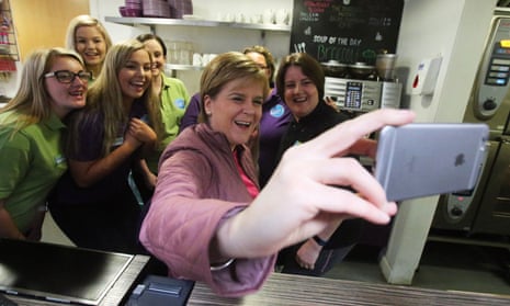 Nicola Sturgeon taking a selfie with staff at Bubbles Factory soft play area in Carluke while on the general election campaign trail.