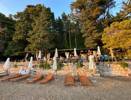 Rab Town’s beach and Banova Villa beach bar, Croatia