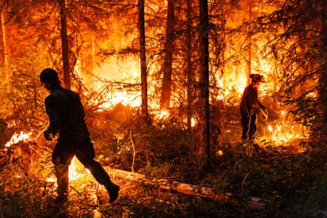 Firefighters work to set a planned ignition on the Tsah Creek wildfire outside Vanderhoof, British Columbia, Canada, on 12 July.