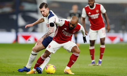 Alexandre Lacazette spent a lot of the game on Sunday dropping into an almost No 10 role where he found Tottenham’s Pierre-Emile Højbjerg for company.