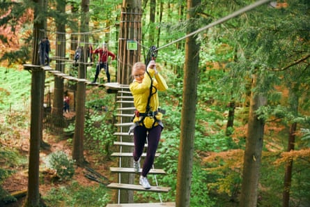 People in harnesses navigate a wobbly treetop walkway