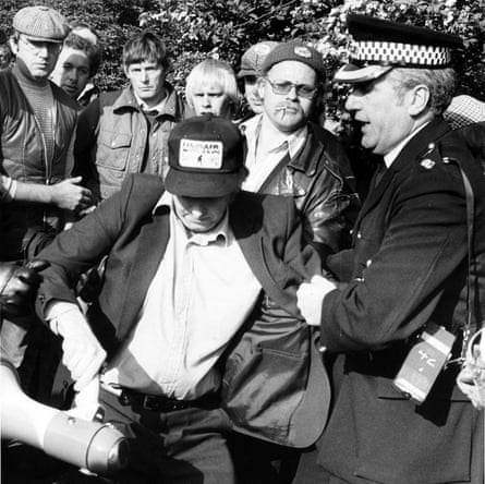 Arthur Scargill the miners’ leader, struggles with police outside Orgreave coking plant in 1984. Julian Talbot is pictured in hat with cigarette