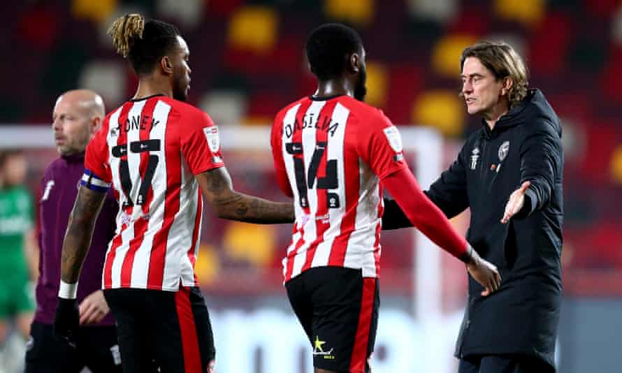 Thomas Frank with Ivan Toney and Josh Dasilva, two of the players in his Brentford squad he feels could go on to win England caps.