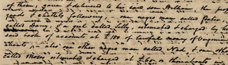 In the 1790s in Virginia, Lazarus Levy, the great-great-great-great-great grandfather of Amy O’Rourke, was involved in a lawsuit with his deceased wife’s relatives in a probate dispute. Among the property at issue were five slaves: Peter, Darsy, Lilly, Ned, and Moses. Pictured here is the handwritten fragment, part of a chancery court record, where these slaves were named.