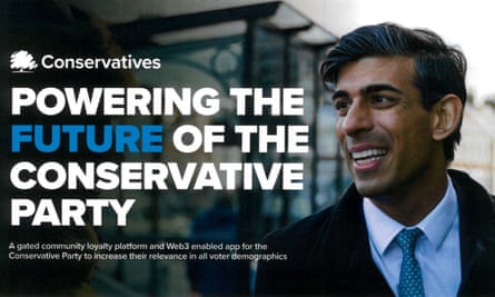 Image of Rishi Sunak with the Tory party symbol and large text reading: Powering the future of the Conservative party. Smaller lettering below reads: A gated community loyalty platform and Web3 enabled app for the Conservative party to increase their relevance in all voter demographics