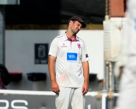 The Somerset captain, Lewis Gregory, reacts dejectedly during a County Championship match.
