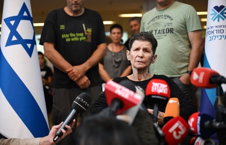 Yocheved Lifshitz speaks to the media outside Ichilov hospital.