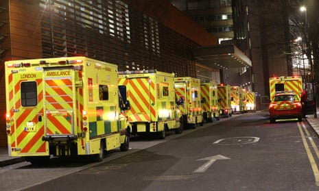 Ambulances queued outside the Royal London Hospital, in London. NHS England figures show England’s hospitals now have more Covid-19 patients than during April’s first-wave peak.
