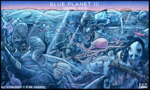 Ben Jennings cartoon, 7/9/20: world under water with titles: 'Blue Planet III - coming soon'