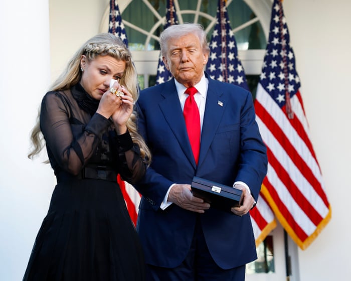 Trump calls Charlie Kirk a martyr and boasts about 2024 election at posthumous medal ceremony – live