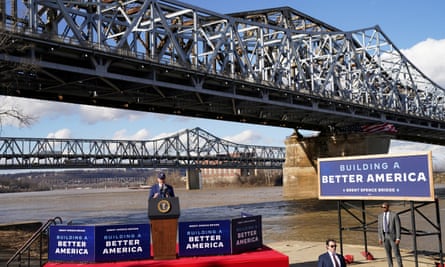 Joe Biden speaks at an event to tout a new bridge over the Ohio River in Covington, Kentucky, on 4 January 2023. Despite signal legislative successes, including an infrastructure law, opinion polls suggest voters have given him little credit.