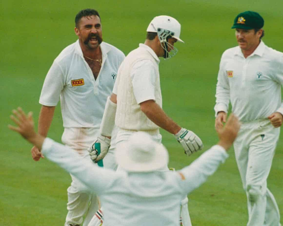 Merv Hughes (left) dismisses Graeme Hick during the second innings of the first Test between England and Australia in June 1993.