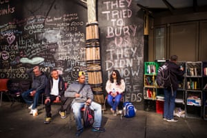 ‘The Safe Space’s most distinctive feature is the long wall of slogans, quotes and signatures chalked along its back wall.’