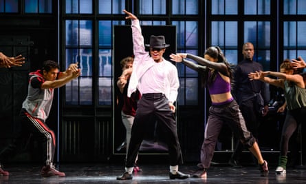 Roman Banks (centre), in the lead role of Michael Jackson, performs during a media preview MJ the Musical, at Sydney’s Lyric Theatre on Thursday.