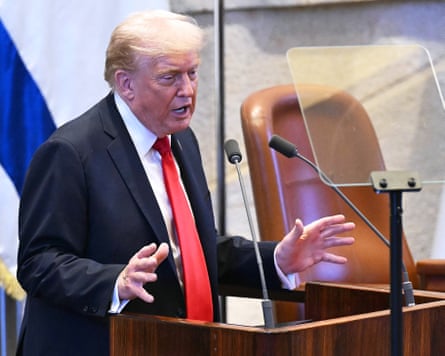 US president Donald Trump speaking at the Knesset, Israel’s parliament.