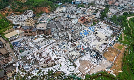 An aerial view of destroyed and damaged buildings after a tornado hit Guangzhou, in Southern China’s Guangdong province