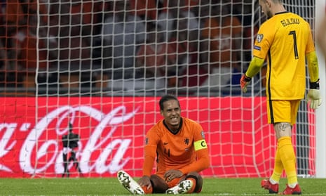Virgil van Dijk is injured in stoppage-time of the Netherlands’ 6-1 win over Turkey in Amsterdam.