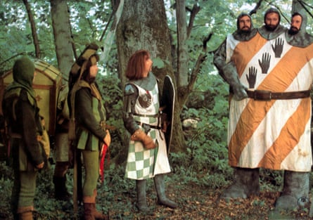 Neal Innes, Eric Idle, Terry Jones, Graham Chapman and Michael Palin in Monty Python and the Holy Grail, 1975.