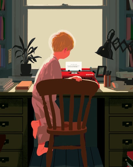 illustration of little boy at a desk before a typewriter