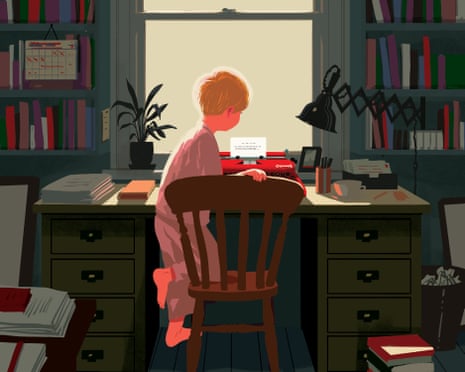 illustration of little boy at a desk before a typewriter