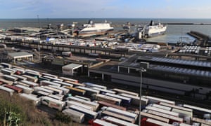 Lorries queue for ferries at the port of Dover in Kent.